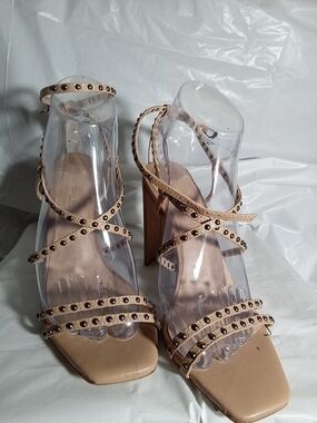 Tony Bianco Studded Nude Strappy Block Heel Sandals 7